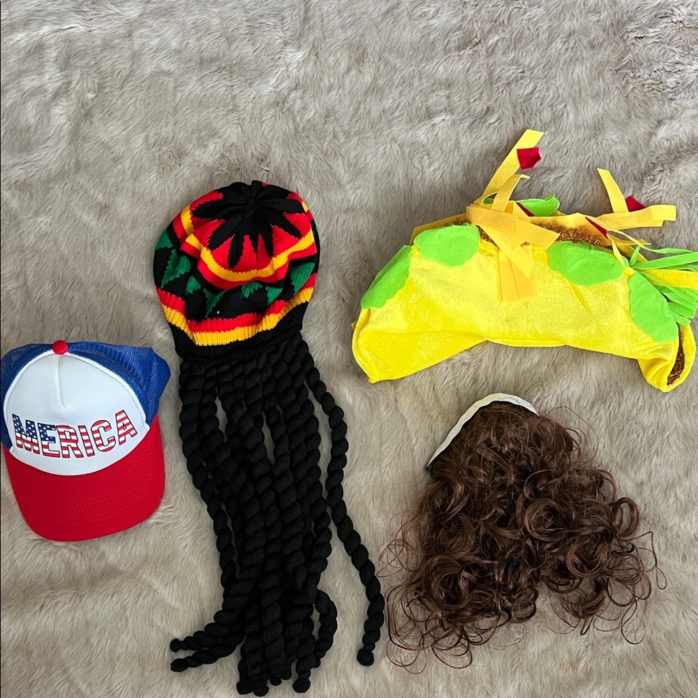 🎉 Funny Costume Hats & Wigs Bundle | Taco Hat, Braided Beanie, ‘Merica Cap & Wig